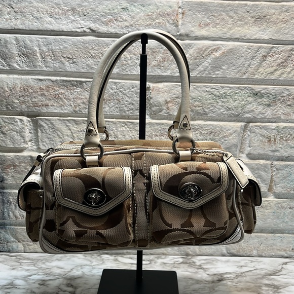 Coach Signature C Canvas and White Leather Gallery Pocket Handbag In GUC. - Picture 1 of 15